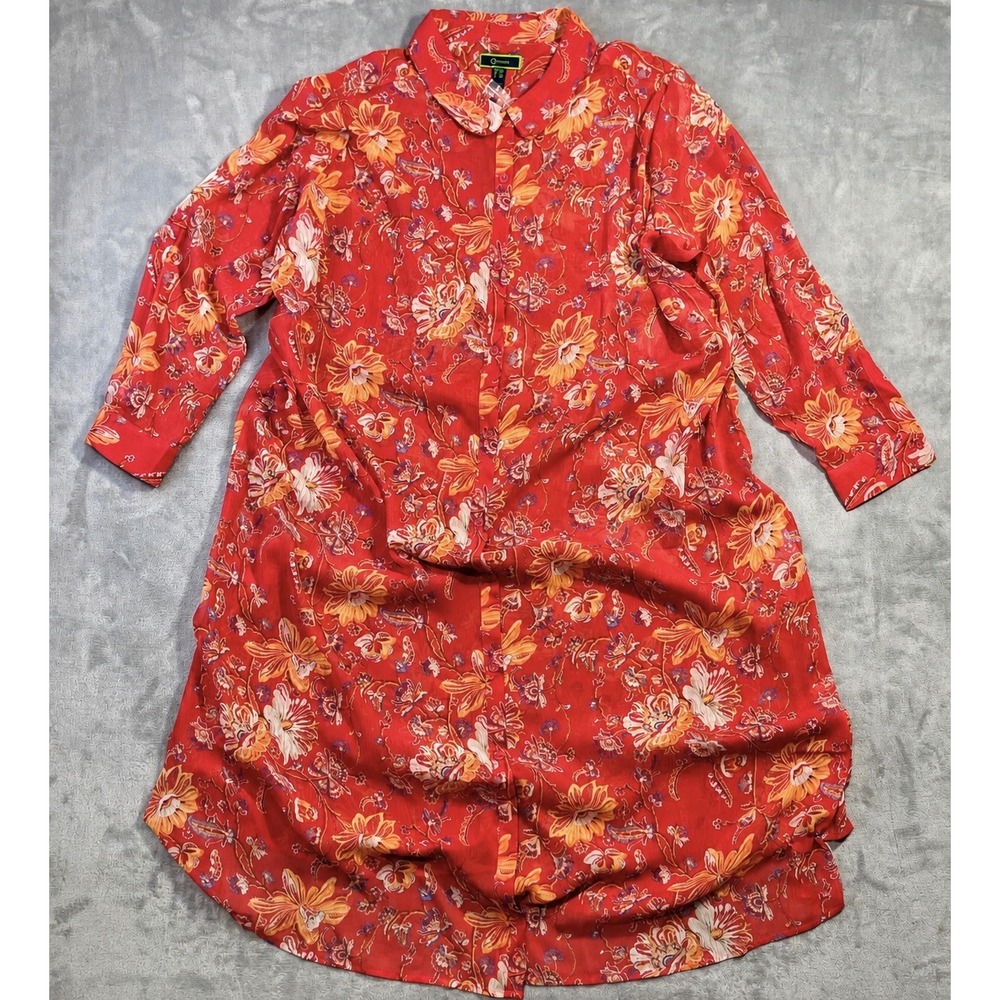 C. Wonder Button Front Duster Womens 24WP Red NWOT Floral Long Sleeve Top